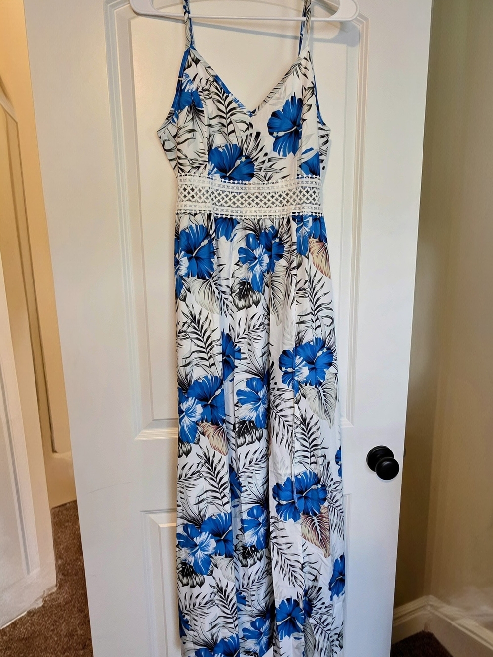 Blue Floral Maxi Dress with Crochet Waist